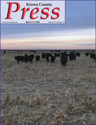 March 15, 2024, cover of the Kiowa County Press. Front page of the March 15, 2024, edition of the Kiowa County Press showing cattle standing in a stubble field under cloudy skies.