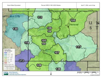 Colorado snow water equivalent as of April 7, 2024 - USDA Map of Colorado river basins snow water equivalent as of April 7, 2024 - USDA