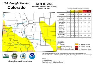 Colorado drought map for April 16, 2024. Colorado drought map for April 16, 2024.