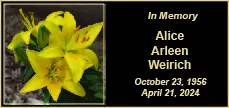 Memorial photo for Alice Arleen Weirich, formerly of Eads, Colorado.