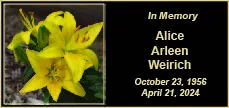 Memorial photo for Alice Arleen Weirich. Memorial photo for Alice Arleen Weirich, formerly of Eads, Colorado.