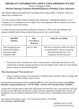 Drinking water report form for the Town of Cheyenne Wells, Colorado.