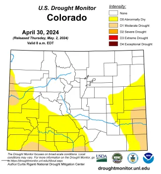 Map of Colorado drought conditions as of April 30, 2024