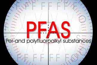 Letters PFAS above the words Per-and polyfluorpalkyl substances on a stylized white circle background