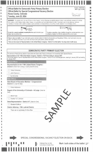 2024 Kiowa County Primary Election Ballot - Page 1. 2024 Kiowa County Primary Election Ballot - Page 1.