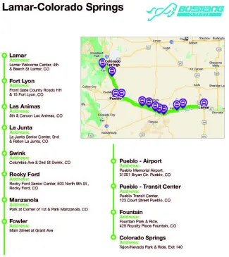 Map of the Bustang route from Lamar to Colorado Springs. Map of the Bustang route from Lamar to Colorado Springs.