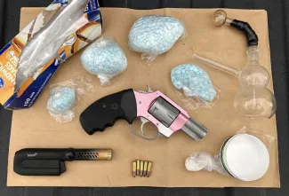 Items seized by Kiowa County Sheriff's deputy during a felony warrant arrest. - KCSO Drugs, drug paraphernalia and handgun