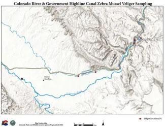 A Colorado Parks and Wildlife map shows the locations where zebra mussel DNA has been detected along the Colorado River and Government Highline Canal - CPW A Colorado Parks and Wildlife map shows the locations where zebra mussel DNA has been detected along the Colorado River and Government Highline Canal - CPW