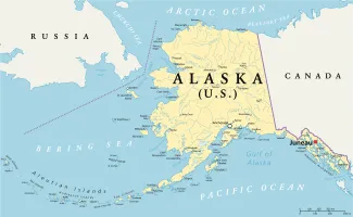 PROMO HIRES Map - Alaska State Map - PeterHermesFurian - iStock-469997178 Map of the state of Alaska, showing portions of Canada and Russia