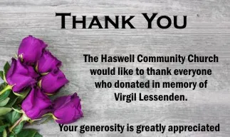 Thank you note from the Haswell, Colorado, Community Church.