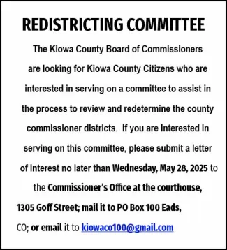Advertisement for the Kiowa County, Colorado redistricting committee
