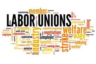 PROMO HIRES Words - Labor Union Work Job Employment - tupungato - iStock-1002099350 Word cloud for business and organized labor, with the words "Labor Union" most prominent