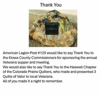Card of Thanks from American Legion Post #125