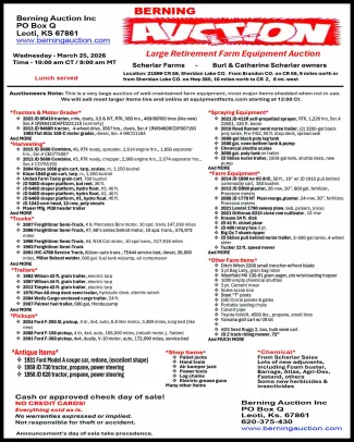 Advertisement for Scherler Farms retirement sale