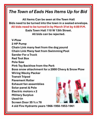 Advertisement for surplus items available for bid