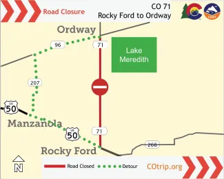 Map of Colorado Highway 71 closure between Rocky Ford and Ordway with detour route specified via US 50, CO 207 and CO 96.
