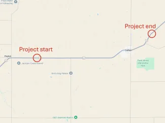 Map of US Highway 24 in eastern El Paso County showing the US 24 Resurfacing Project start east of Peyton to the project end east of Calhan