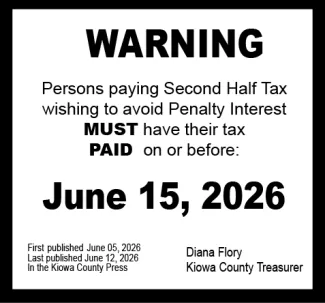 Advertisement for Kiowa County tax due date