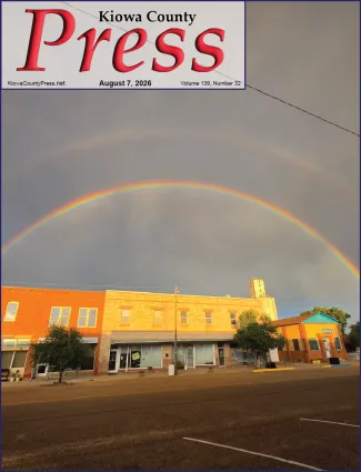 Photo of the week from the August 7, 2026, edition of the Kiowa County Press in Eads, Colorado - Rainbow over downtown Eads, Colorado - Adrienne Yates.