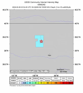 USGS map of northwest Kansas with a red star just southwest of Bogue and the surrounding Hill City and Bogue ZIP code areas shaded, showing eight "Did You Feel It?" reports.