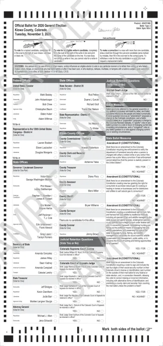 Sample ballot for the November 3, 2026, general election, precinct 4354731003, ballot style 003-2, front