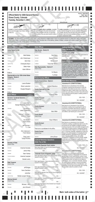 Sample ballot for the November 3, 2026, general election, precinct 4354731004, ballot style 004-2, front
