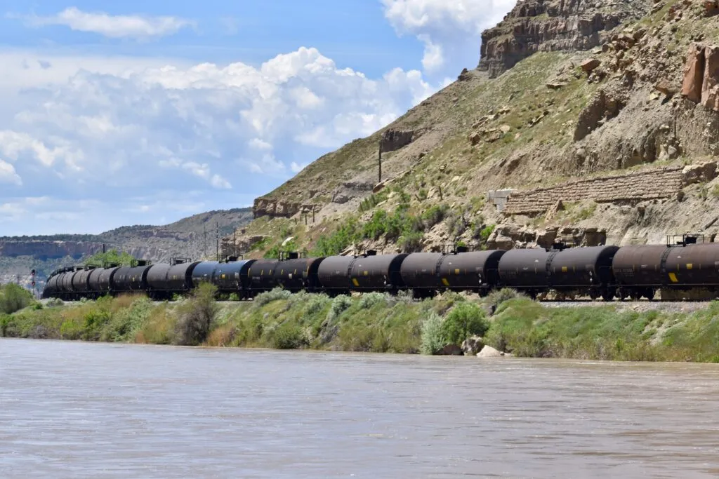 PICT A train of tanker cars travels the tracks along the Colorado River near Cameo on May 16, 2023. Chase Woodruff/Colorado Newsline