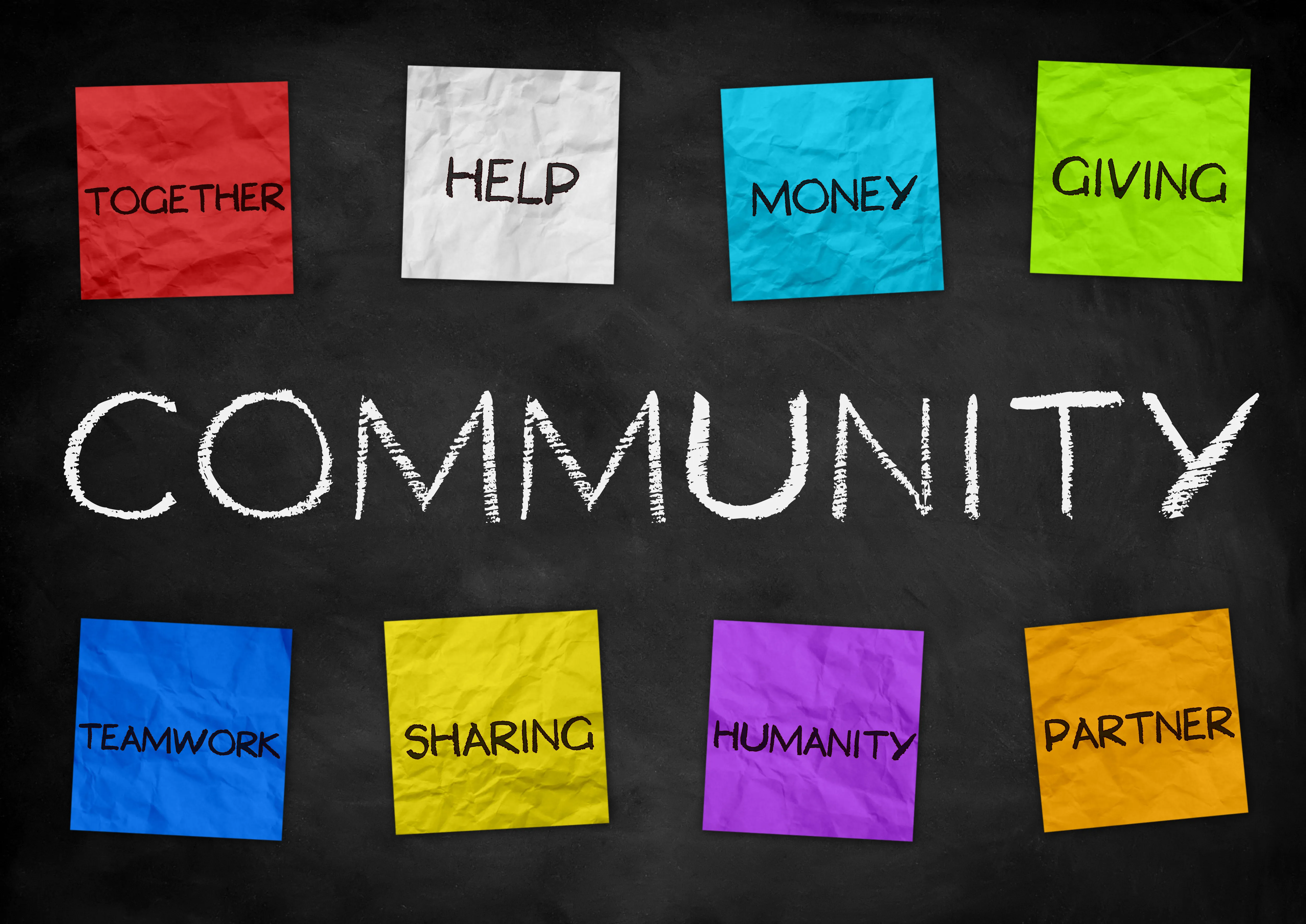 Word "Community" written on a chalkboard, with eight colored paper notes above and below reading "togetherness, help, money, giving, teamwork, sharing, humanity, and partner"