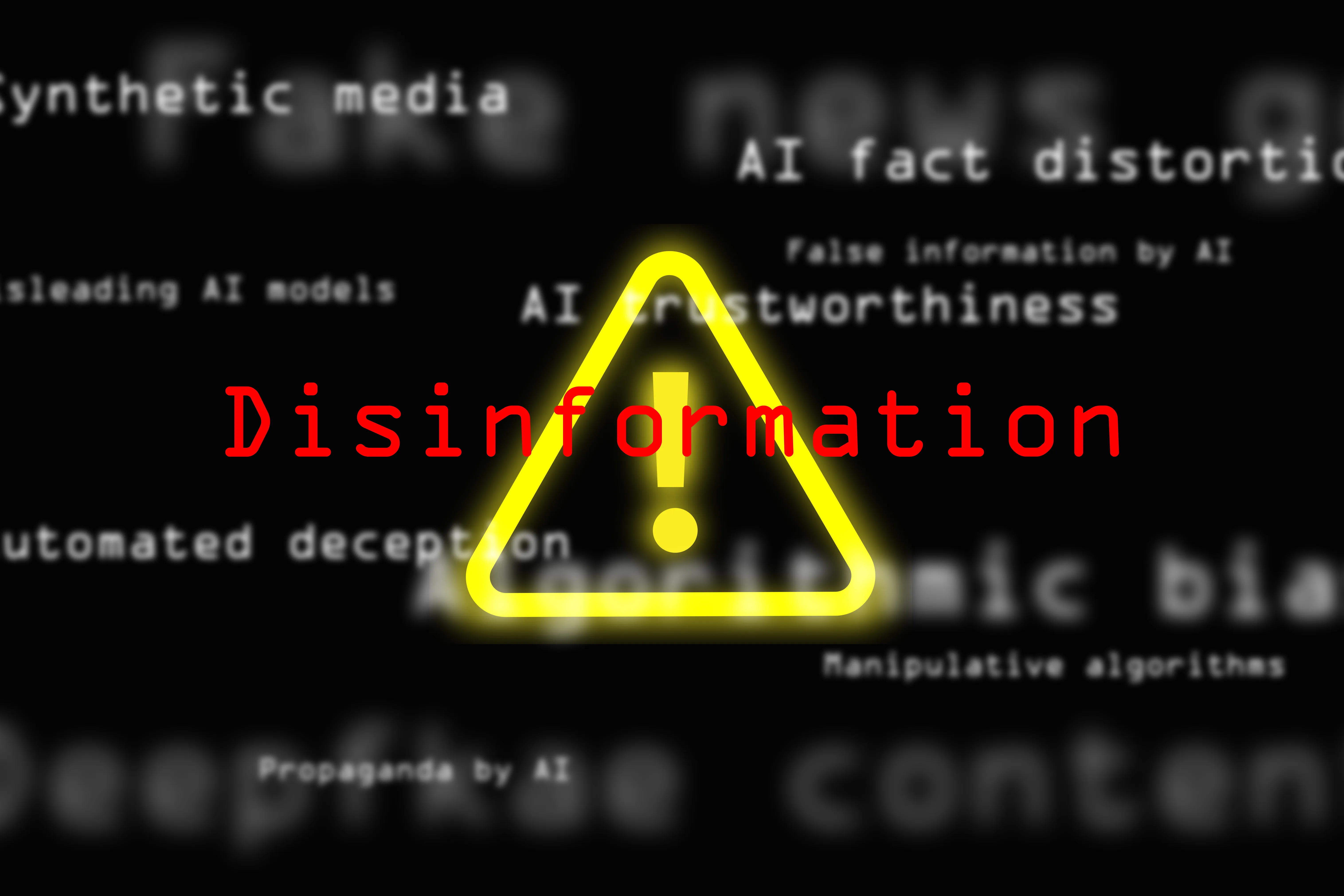 Concept art prominently showing the word "Disinformation" over and exclamation mark/bang symbol. Blurred words about negative uses of technology are in the background.