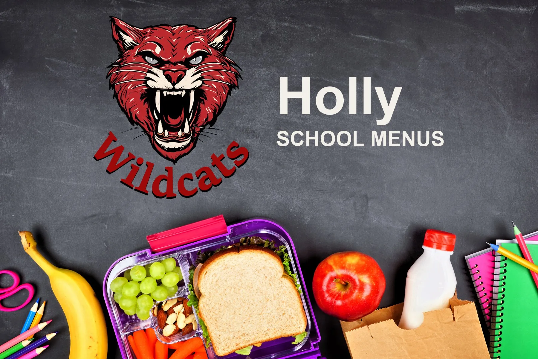 The Holly School Wildcats mascot, chalked on a blackboard above a packed school lunch of a sandwich, grapes, carrots, an apple and a bottle of milk, with pencils and notebooks. The board reads “Holly School Menus”.
