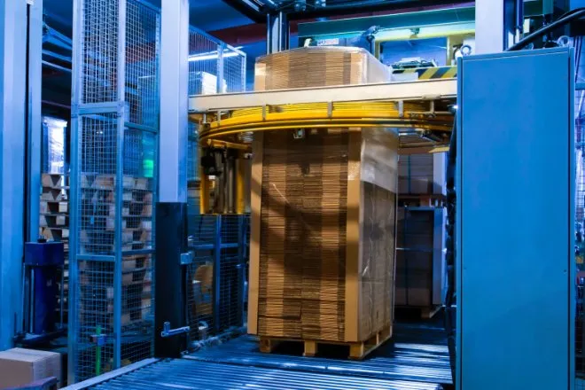A blue stretch wrapping machine in the middle of applying stretch wrap film to a tall pallet of cardboard boxes.