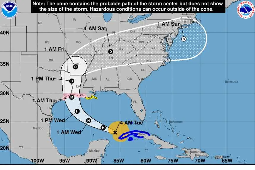 MAP 5-day cone for Tropical Storm Laura as of August 25, 2020.