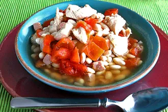 Great Northern Bean Soup - USDA Bowl of Great Norther bean soup on a plate next to a spoon.