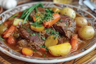 Bosnian Stew - USDA Plate of Bosnian Stew with beef, carrots, potatoes, chives, and parsley.