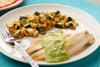 Pan Roasted Tilapia with Tomatillo Salsa Plate and fork with a serving of Pan Roasted Tilapia with Tomatillo Salsa
