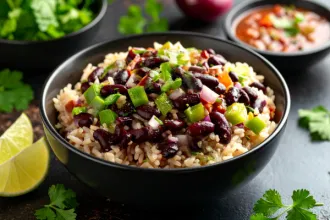 Overhead closeup of a bowl of Cuban beans and rice. Lime wedges and cilantro leaves are around the bowl, with a small container of salsa faded in the background.